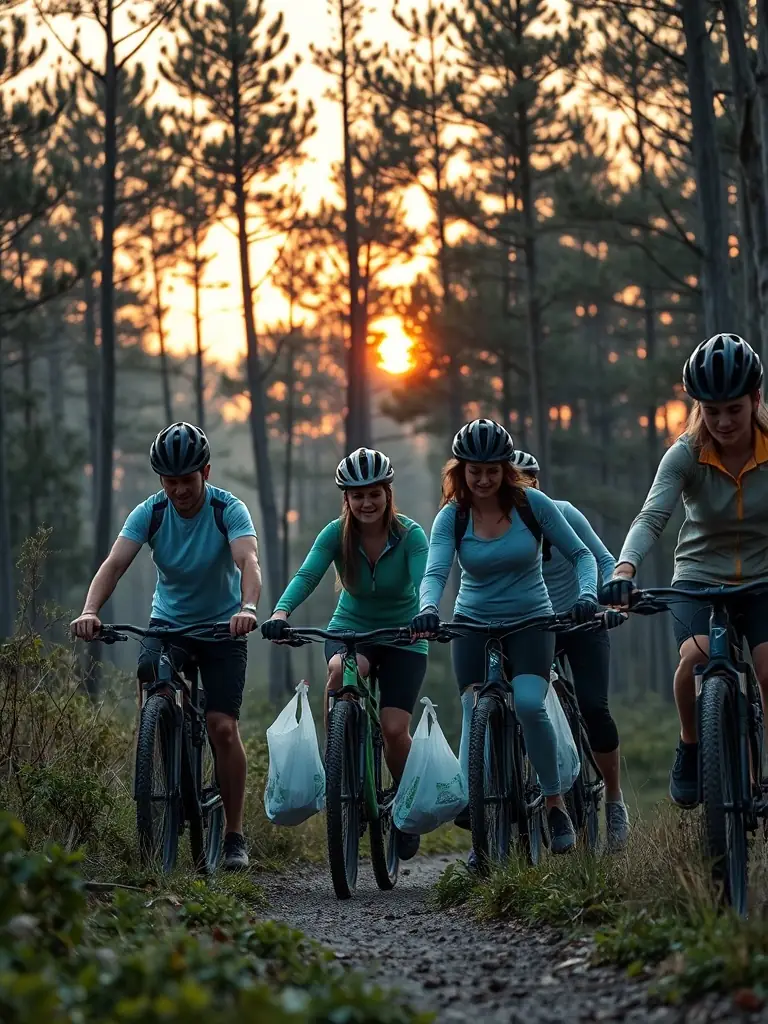 A diverse group of cyclists participating in an environmental cleanup activity along a cycling trail, emphasizing the academy's commitment to environmental respect.
