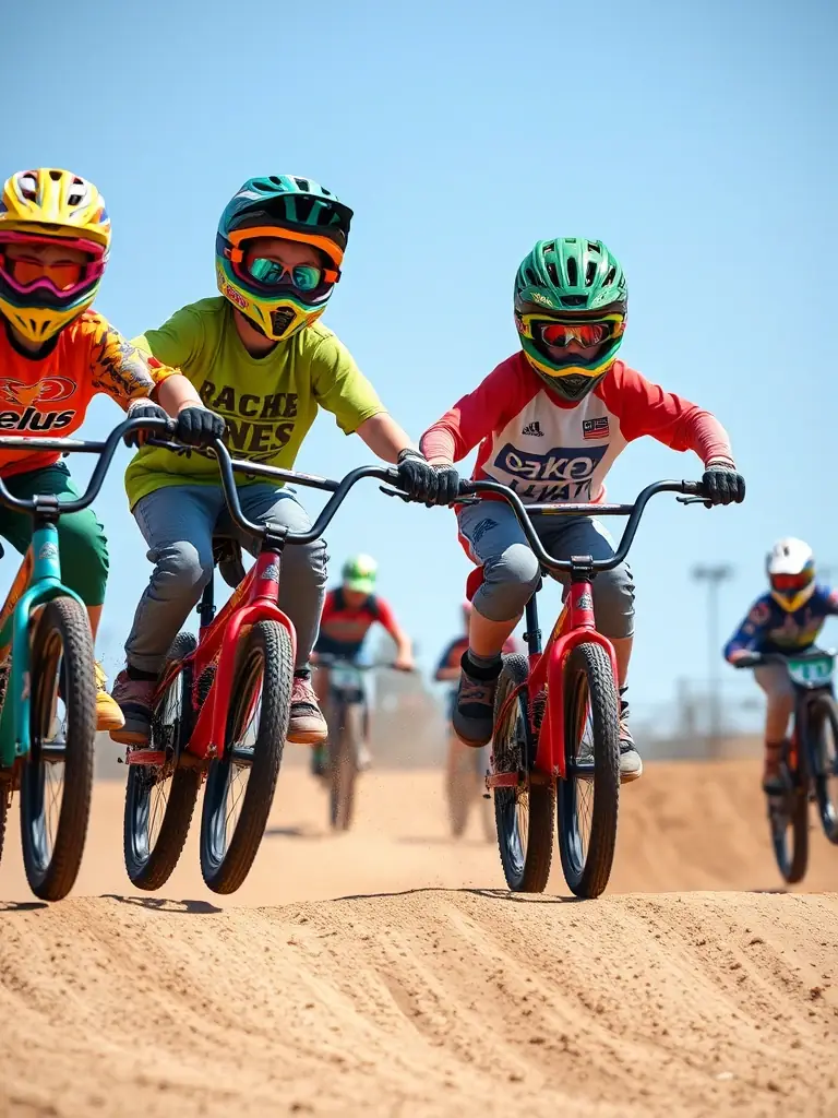A diverse group of children participating in a cycling training session led by experienced coaches at the Julie Bresset VTT Academy, showcasing the academy's dedication to inclusive sports education.