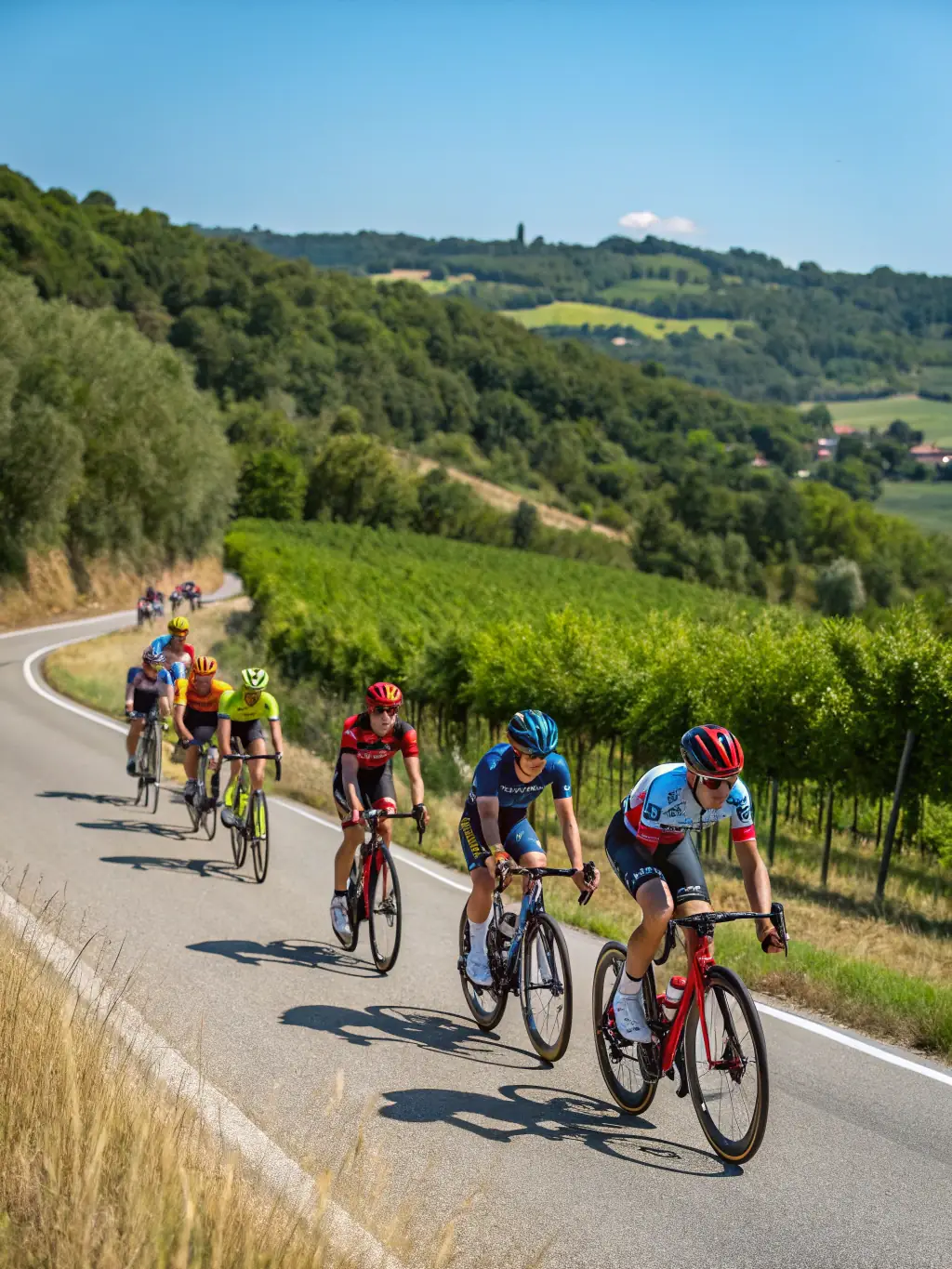 A photograph of a road cycling group during a long-distance ride, showcasing teamwork and endurance, emphasizing the academy's focus on building strong cycling communities.