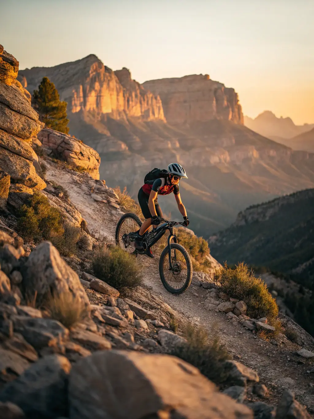An image of a cyclist successfully navigating a challenging mountain bike trail, illustrating the skill development and confidence gained through the academy's programs.