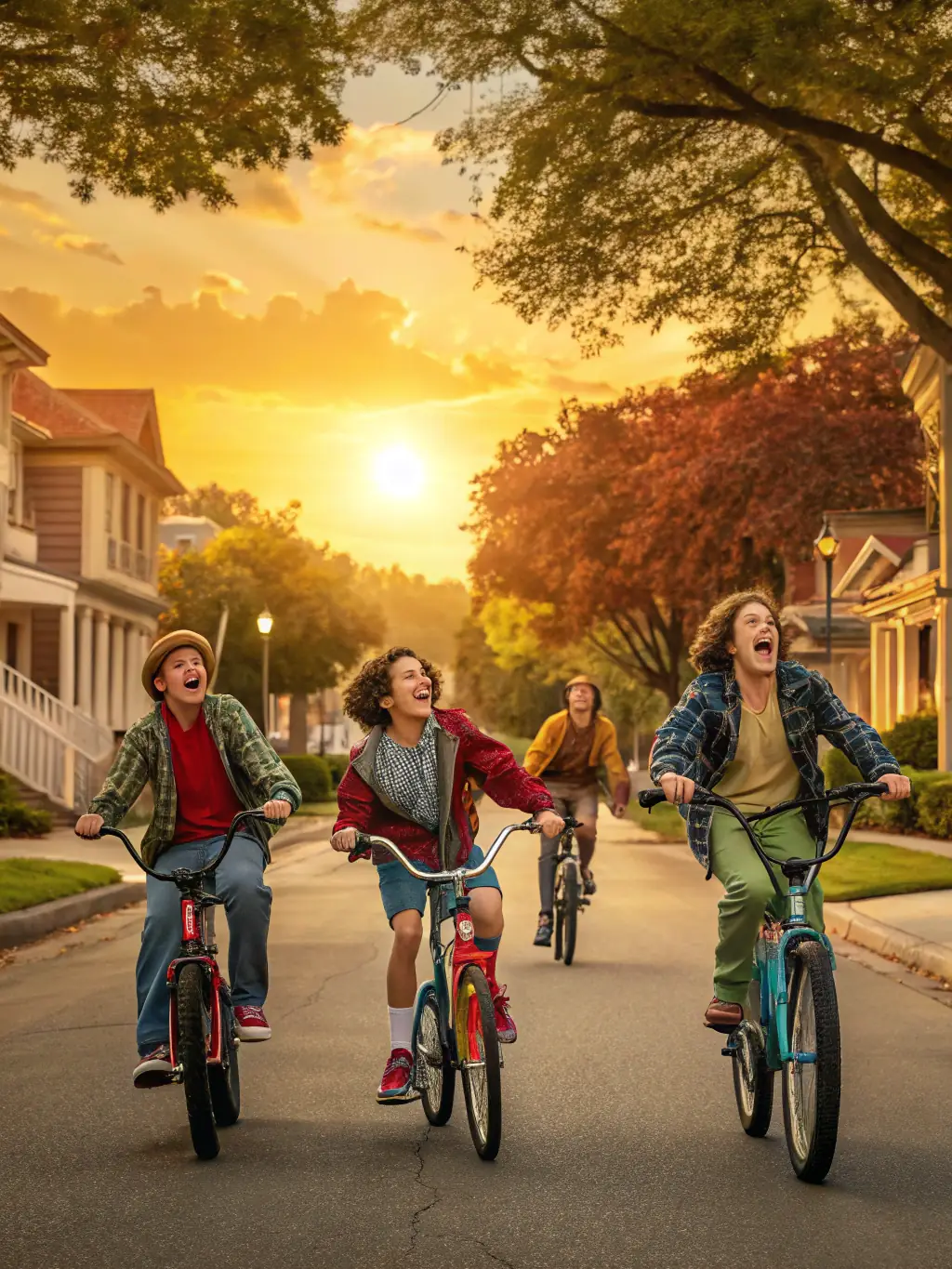 A group of young cyclists laughing and interacting during a break on a scenic trail, showcasing the academy's vibrant community spirit.