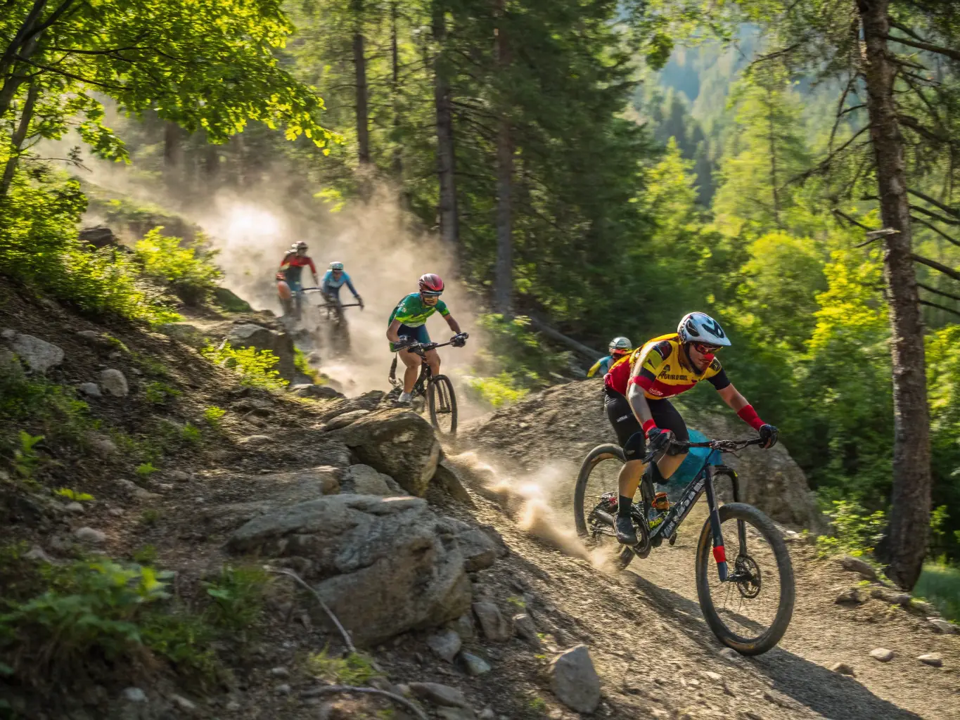 A group of cyclists participating in a mountain biking training session in a lush forest, led by an instructor. The focus is on teamwork and skill-building in a natural environment.