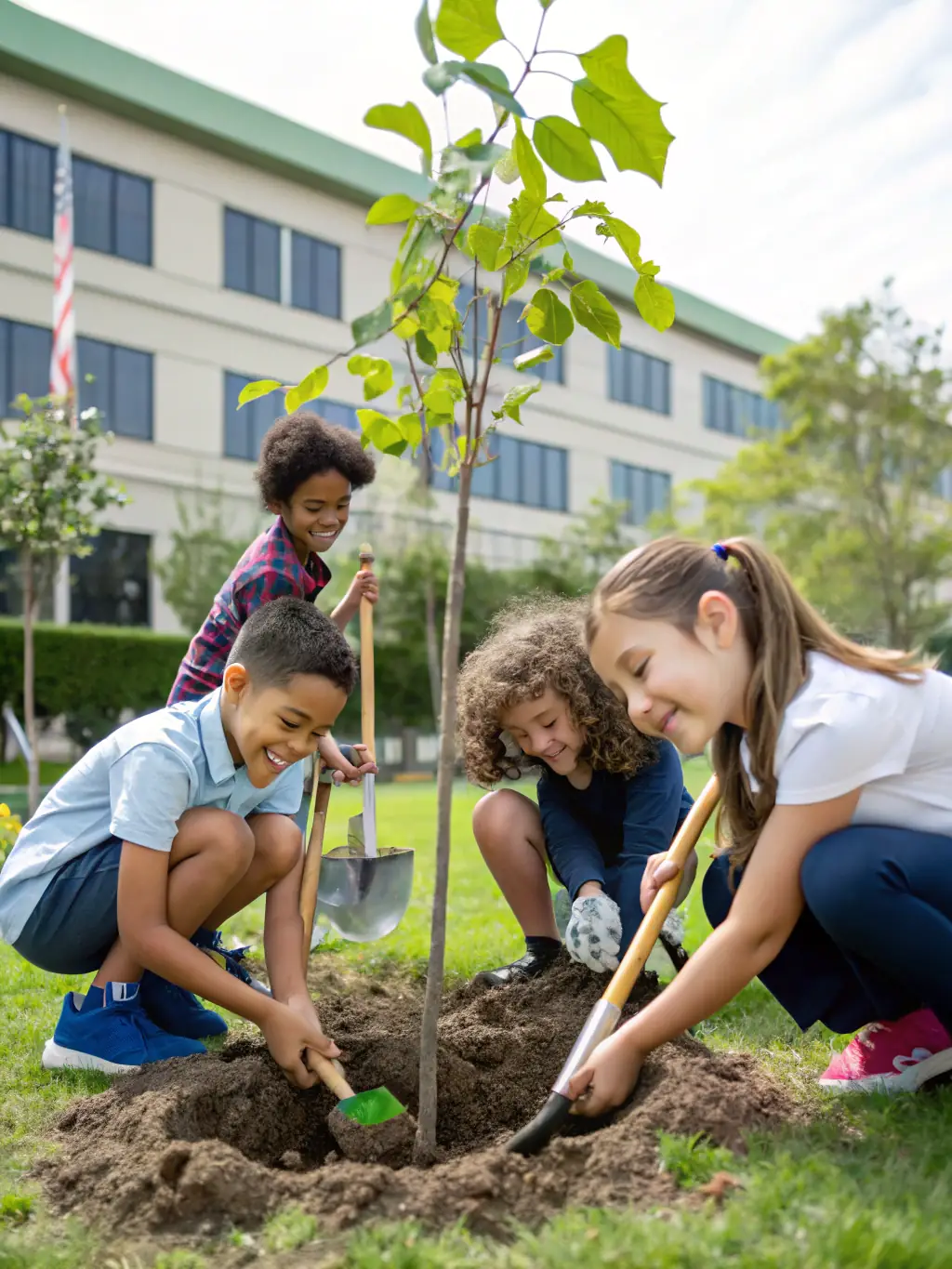 A group of young cyclists from the Julie Bresset VTT Academy planting trees in a local park, emphasizing the academy's commitment to environmental stewardship and community involvement.