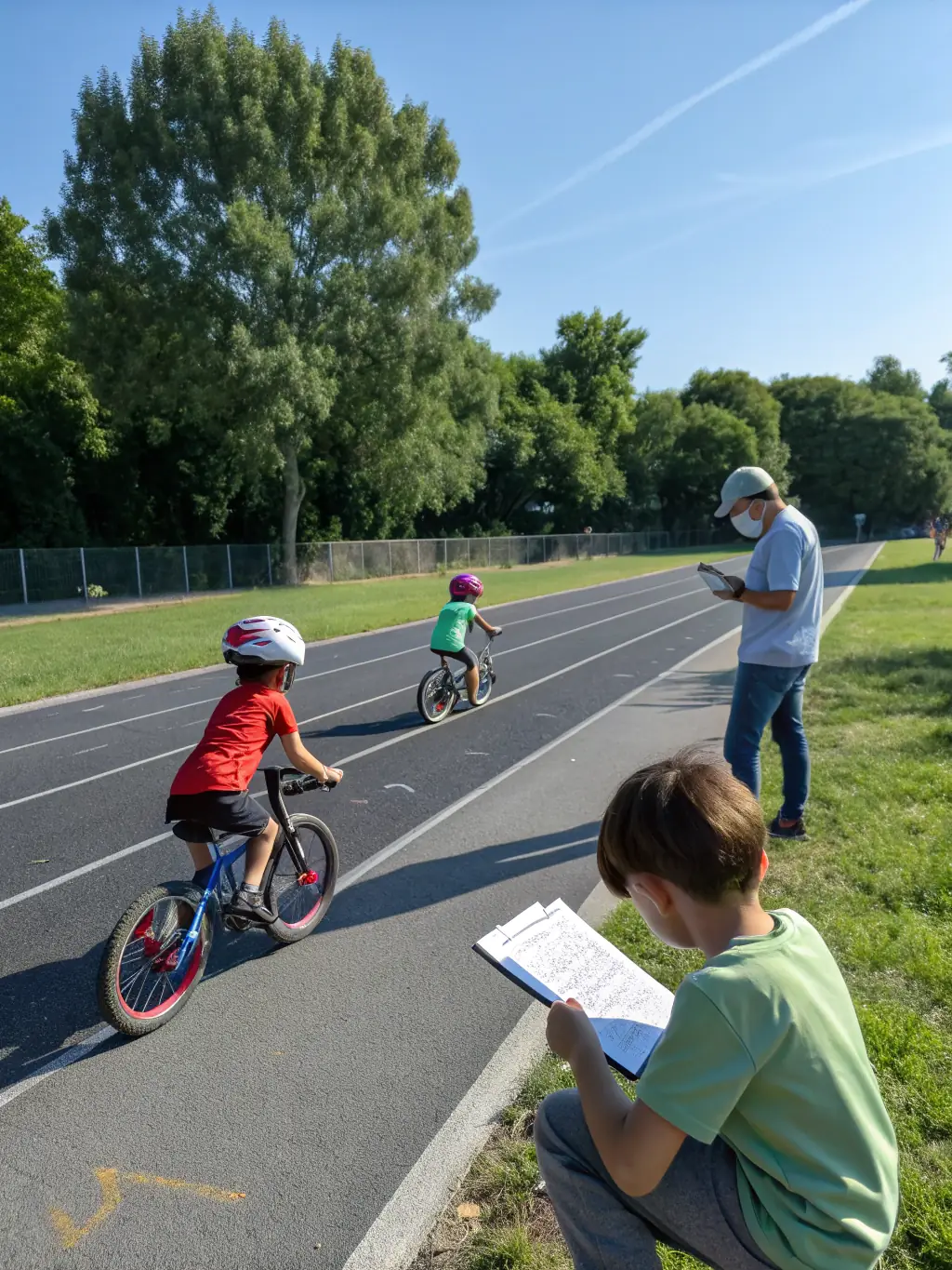 An image of children learning basic cycling skills in a safe, controlled environment, highlighting the academy's dedication to introducing cycling to young enthusiasts.