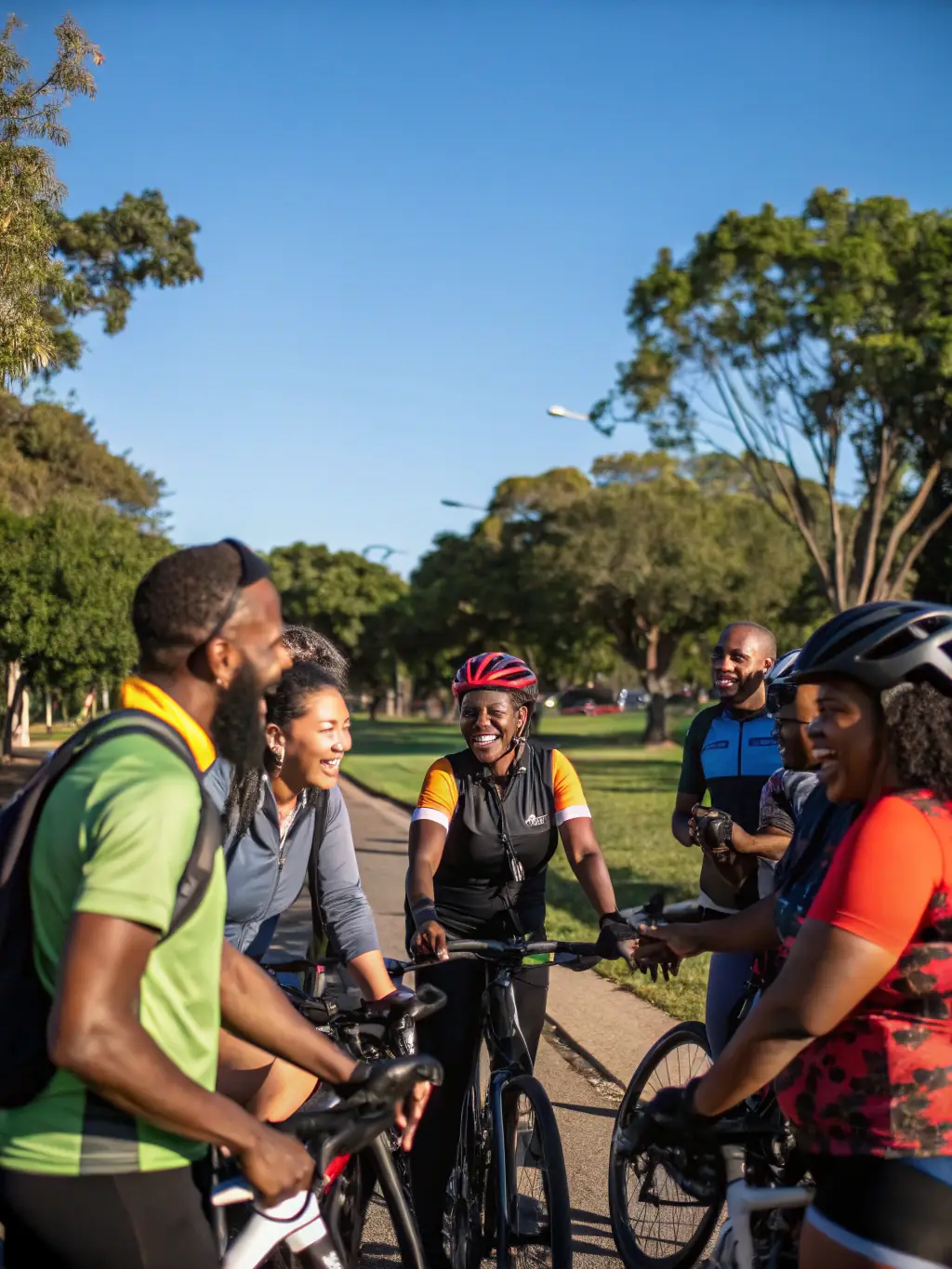 A photo of academy members participating in a community cycling event, promoting social interaction and a sense of belonging within the Julie Bresset VTT Academy.