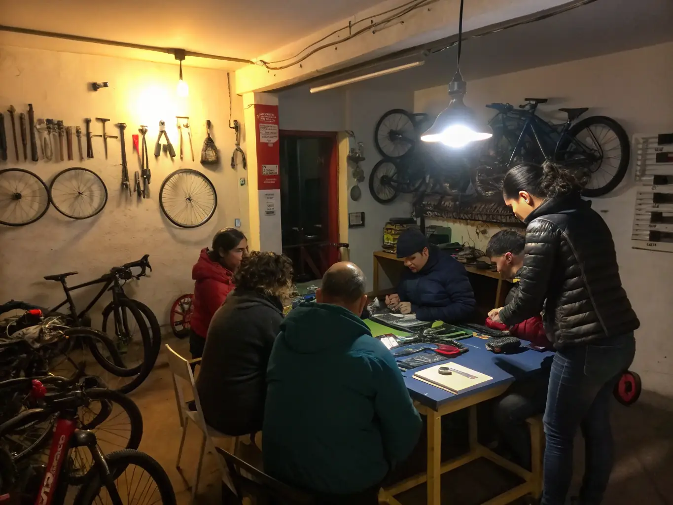 A workshop session where participants are learning about bicycle maintenance and repair, guided by an experienced mechanic. The setting is hands-on and educational.